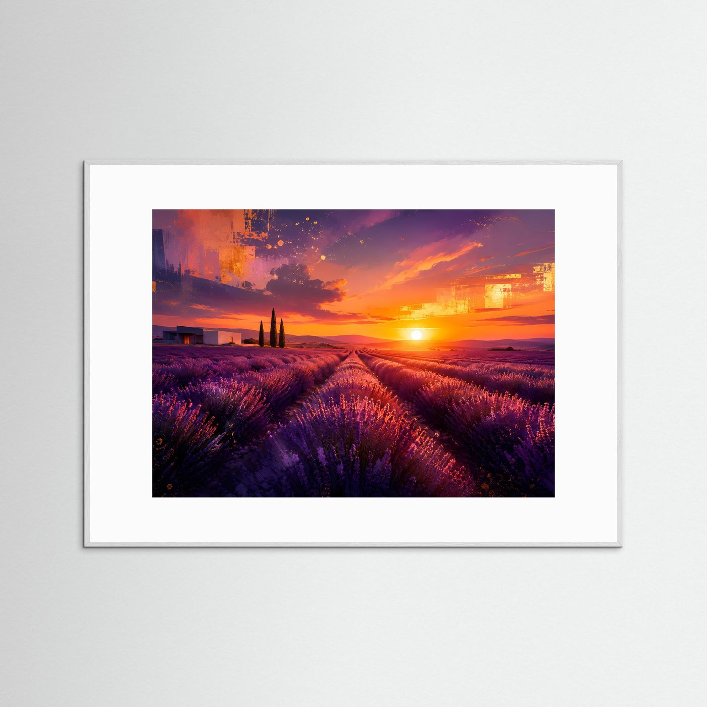 Lavendelfeld Sonnenuntergang Poster | Provence Landschaft Wandbild | Abstrakte Lavendel Kunst | Moderne Natur Panorama | Premium Leinwand Wall Art