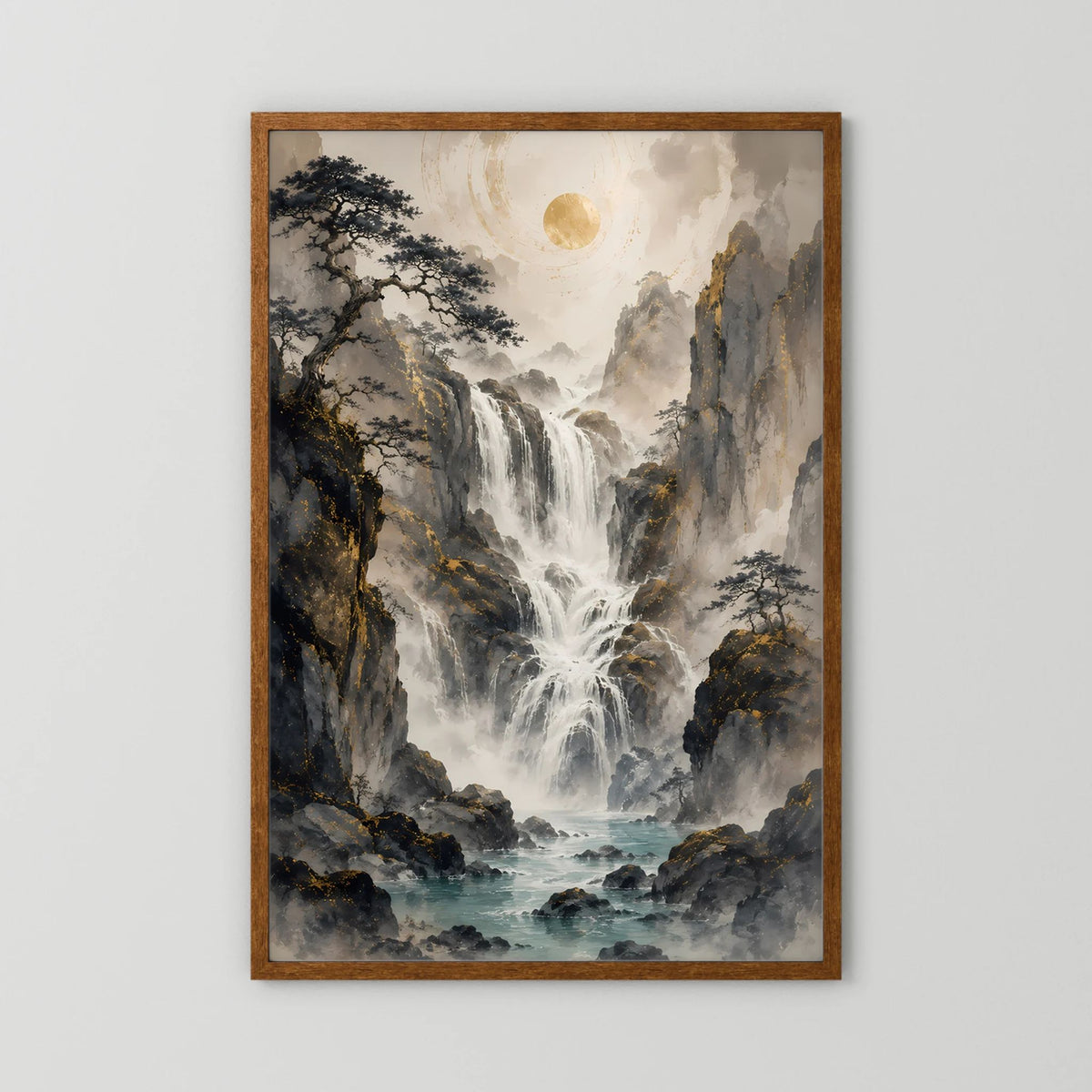Poster im Hochformat mit Wasserfallmotiv, brauner Holzrahmen, gelbe Sonne