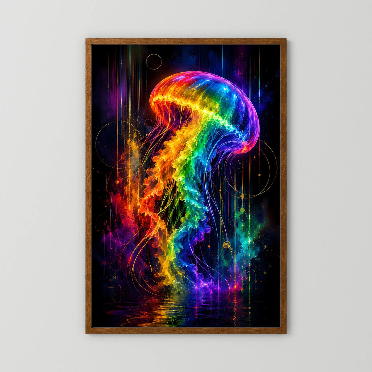 Neon-Quallen-Poster mit braunem Rahmen, farbige leuchtende Quallenillustration