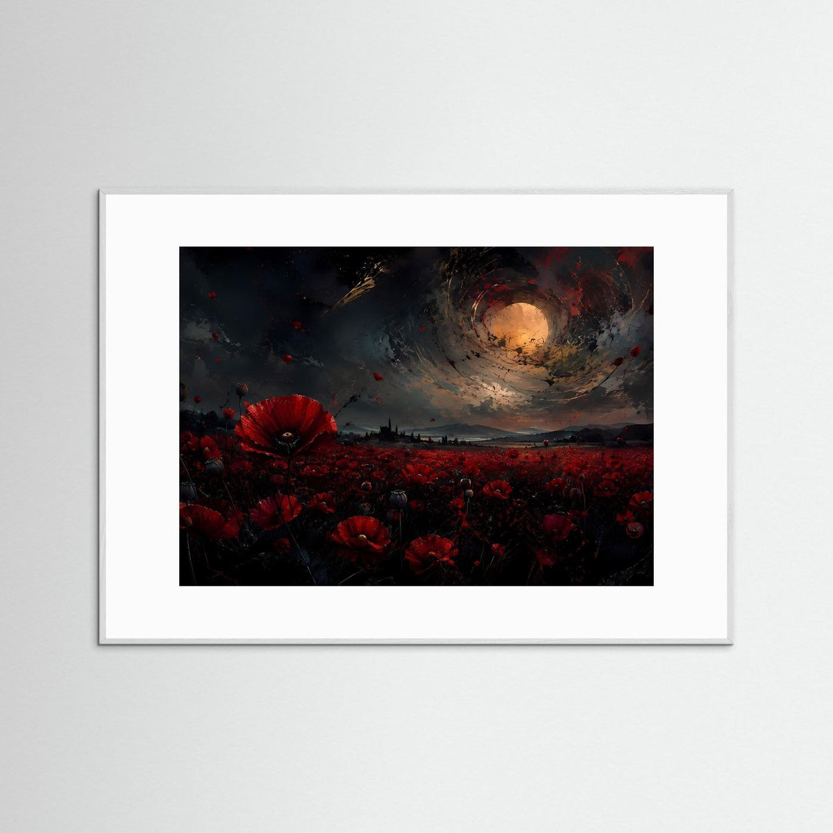 Gerahmtes Poster: Mohnblumenfeld bei Nacht mit Mond, grauer Rahmen
