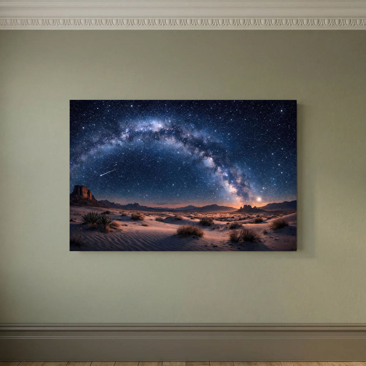 Wandposter im Querformat mit Milchstraße über Dünen und Wüstenlandschaft bei Nacht