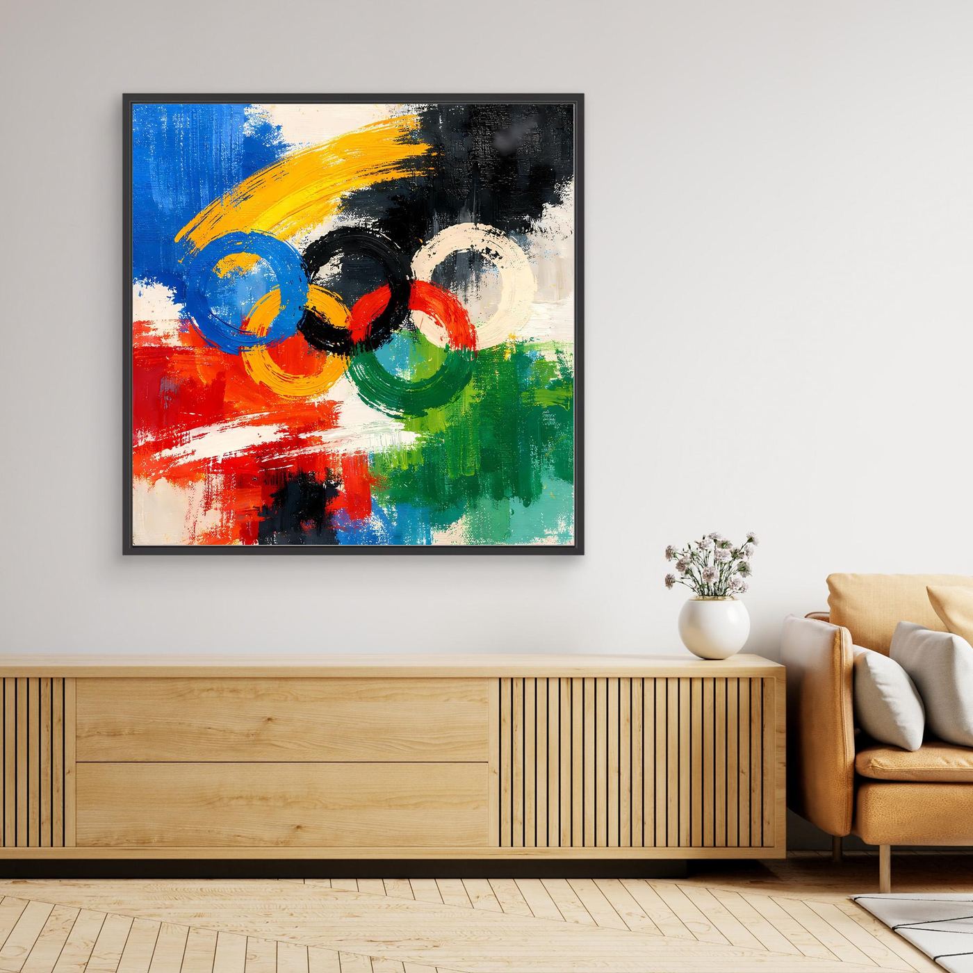Quadratisches Leinwand-Wandbild mit bunten abstrakten Olympischen Ringen, schwarz gerahmt