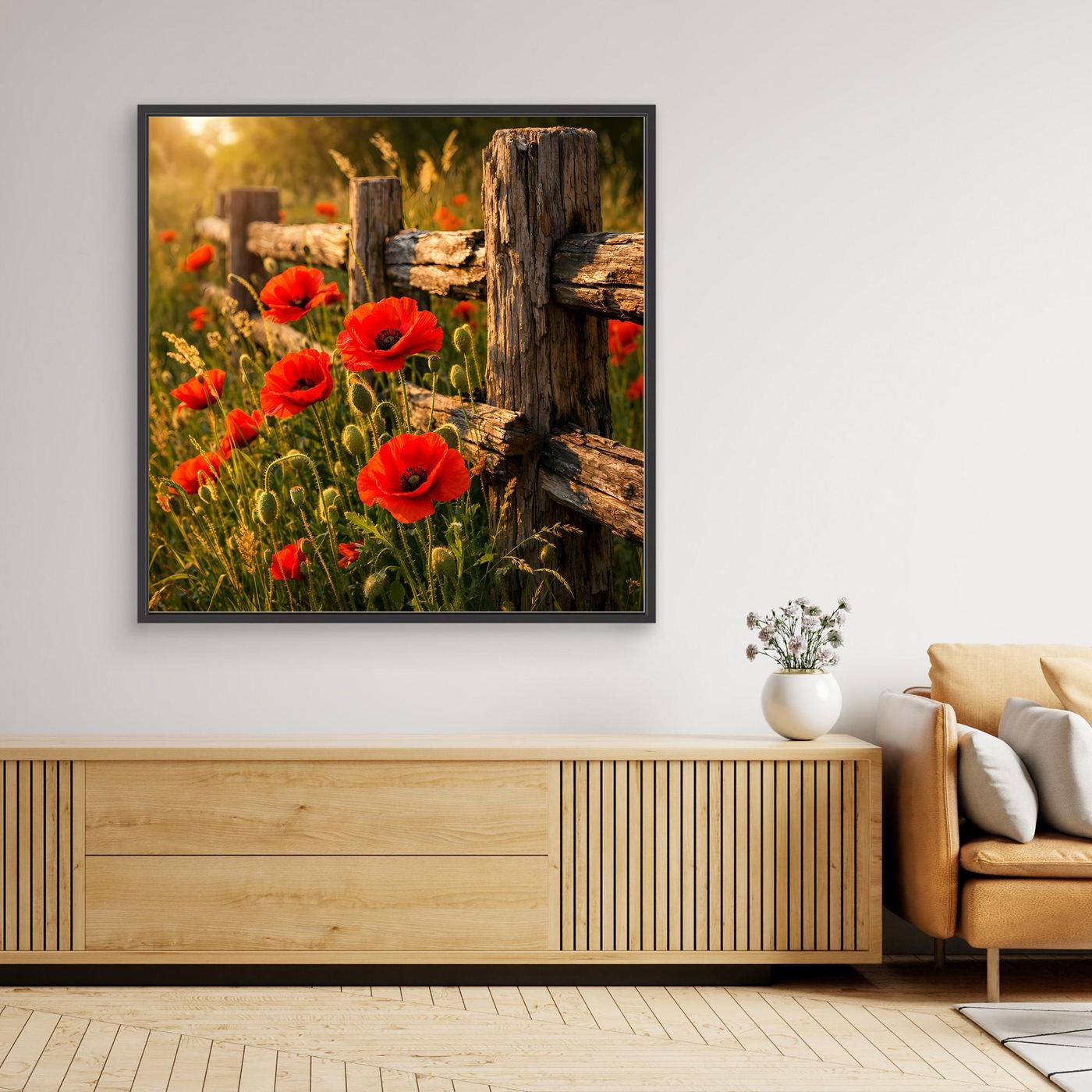 Leinwandbild mit roten Mohnblumen am Holz-Zaun, schwarzer Rahmen