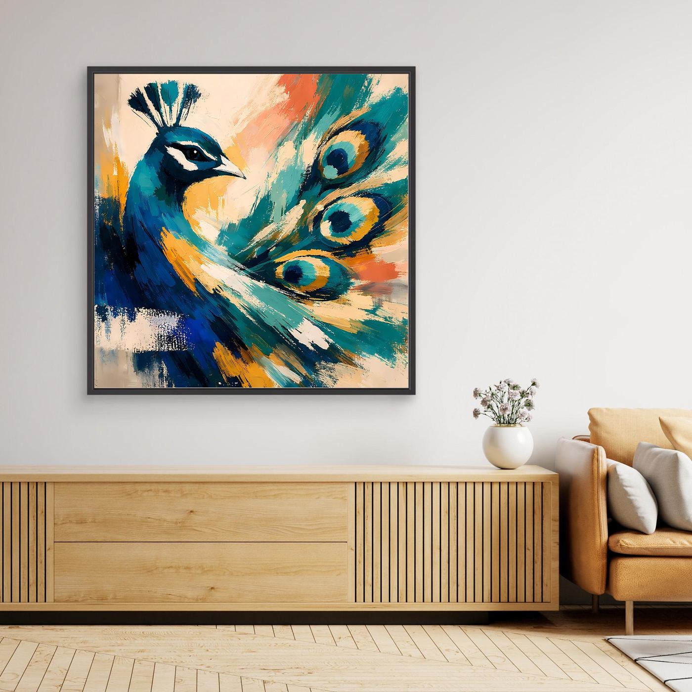 Abstract peacock canvas wall art in black frame with blue teal and golden tones