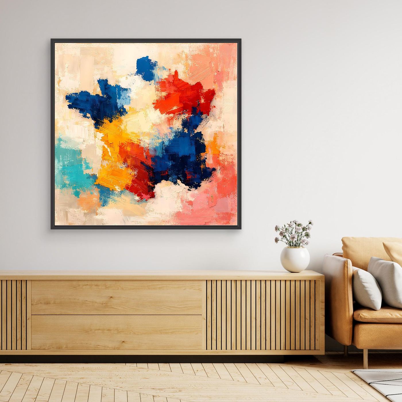 Abstract France map canvas wall art with black frame, colorful paint splashes