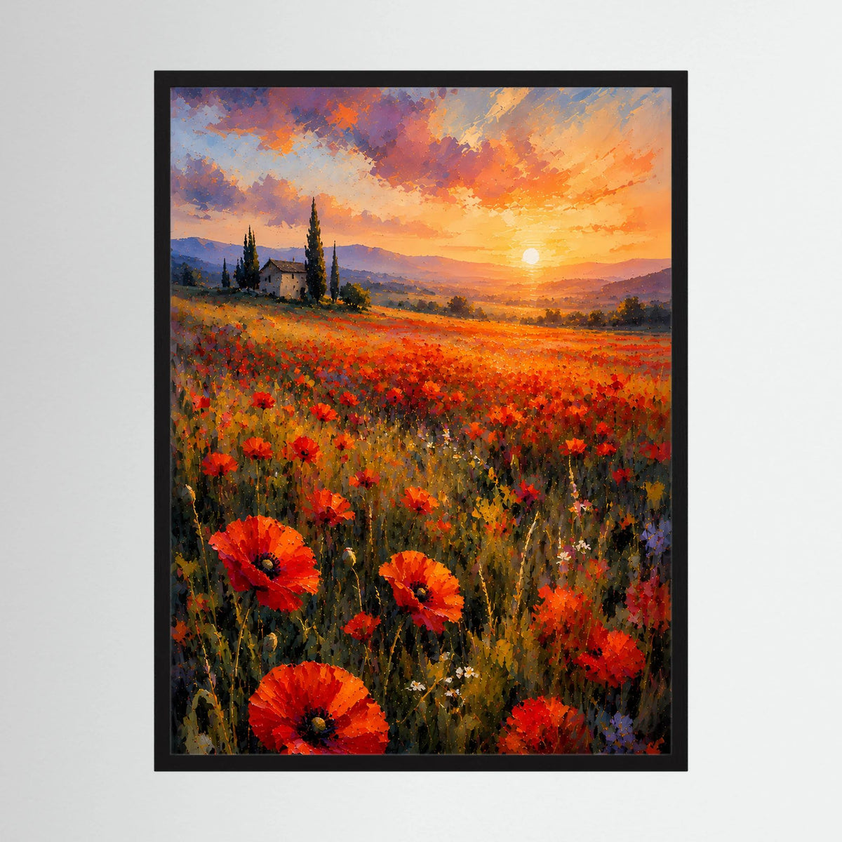 Hochformatiges Poster mit schwarzem Rahmen: Mohnblumenfeld bei Sonnenuntergang in Rot und Orange.
