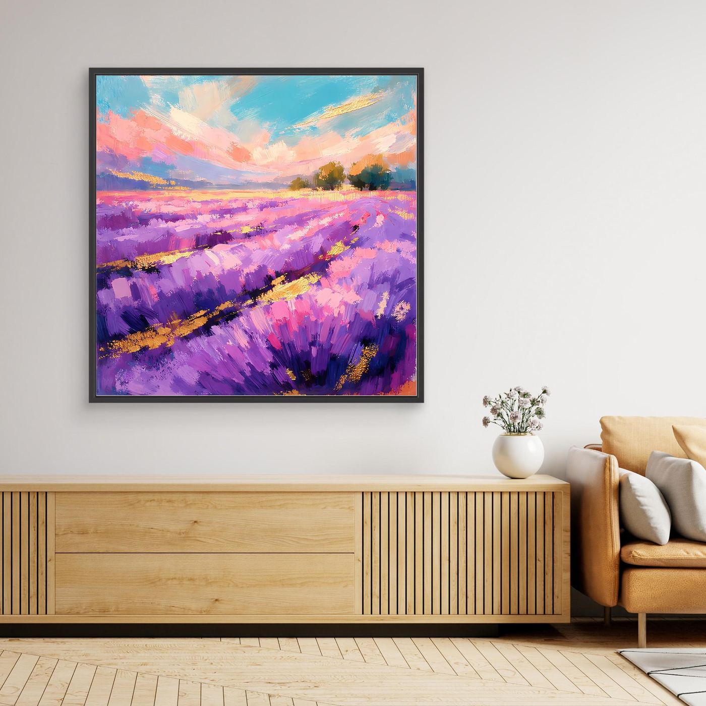 Abstraktes Leinwandbild Lavendelfeld mit violetten Feldern, schwarzem Rahmen
