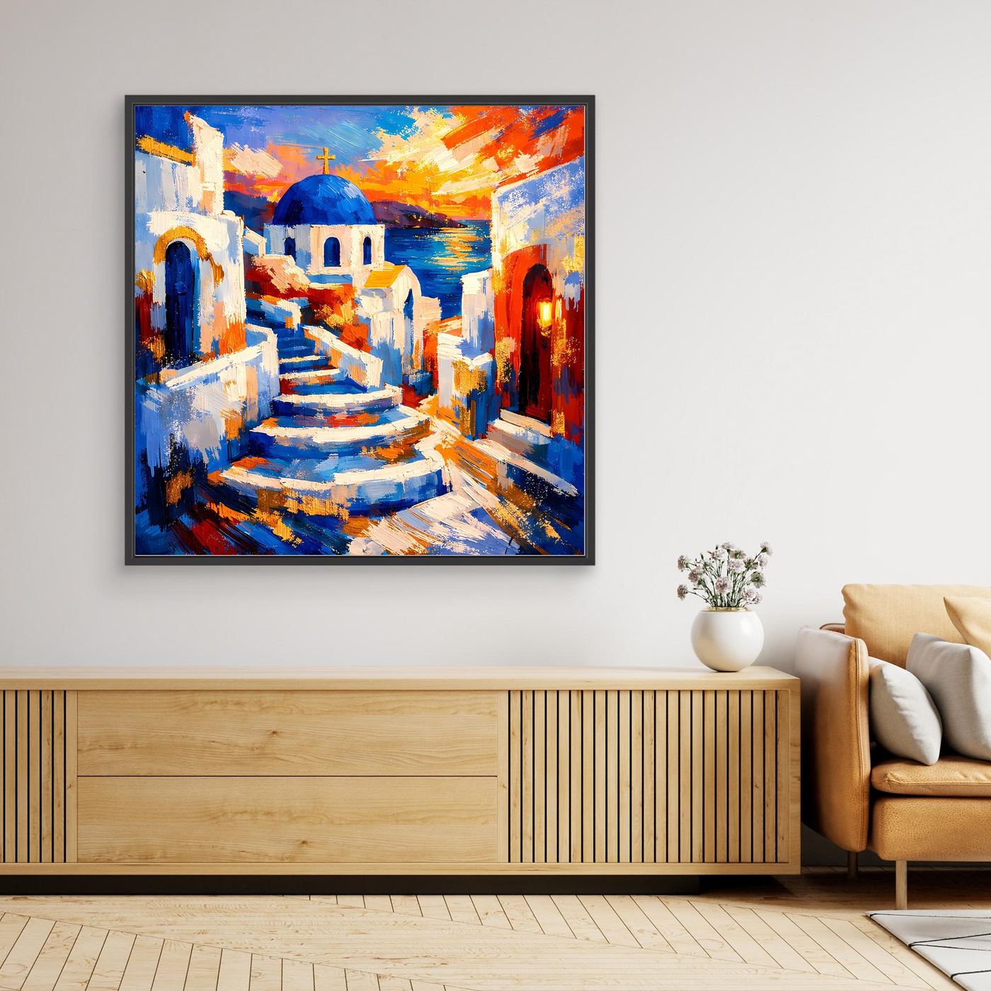 Gerahmtes Leinwandbild mit abstrakter Santorin-Gasse, schwarzem Rahmen, Blau und Orange
