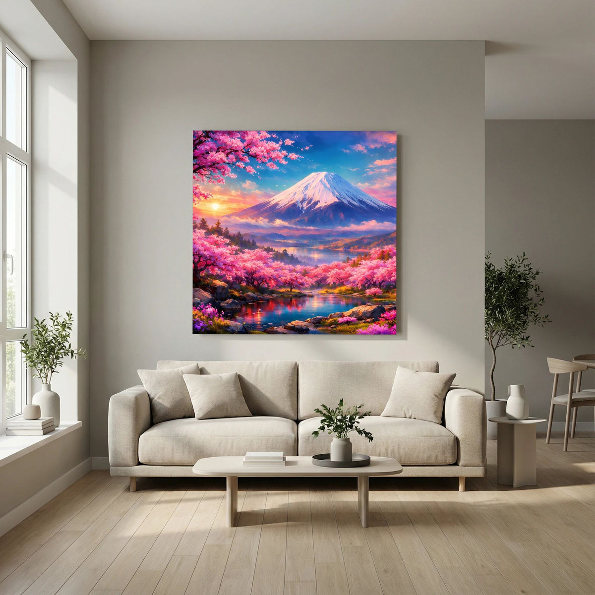 Leinwandbild auf Holzkeilrahmen mit Fuji und Kirschblütenlandschaft über Sofa an der Wand