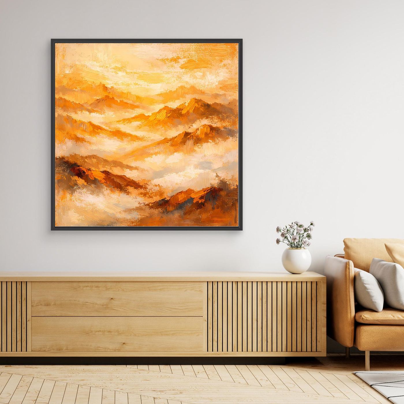 Abstraktes Leinwand-Wandbild: gold-orange Berge im Nebel, schwarzer Rahmen