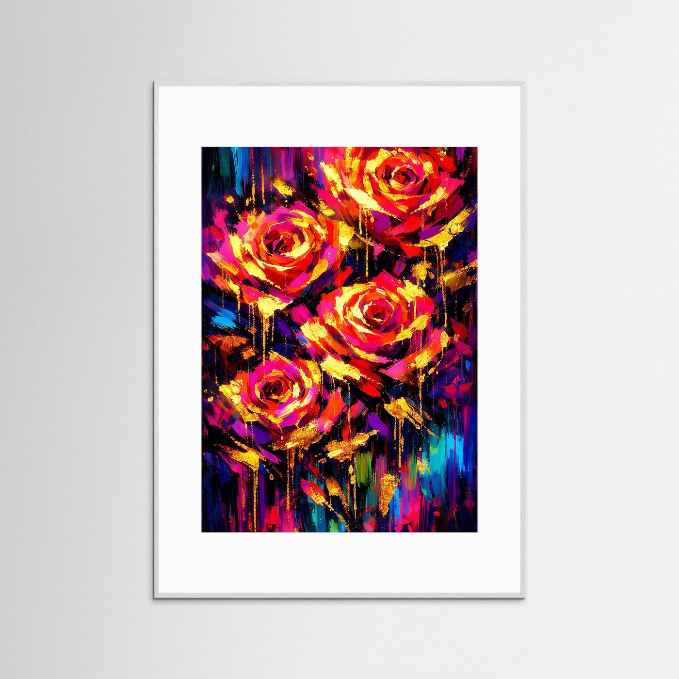 Kunstposter mit abstrakten Rosen im Hochformat, silbergrauer Rahmen, leuchtendes Design