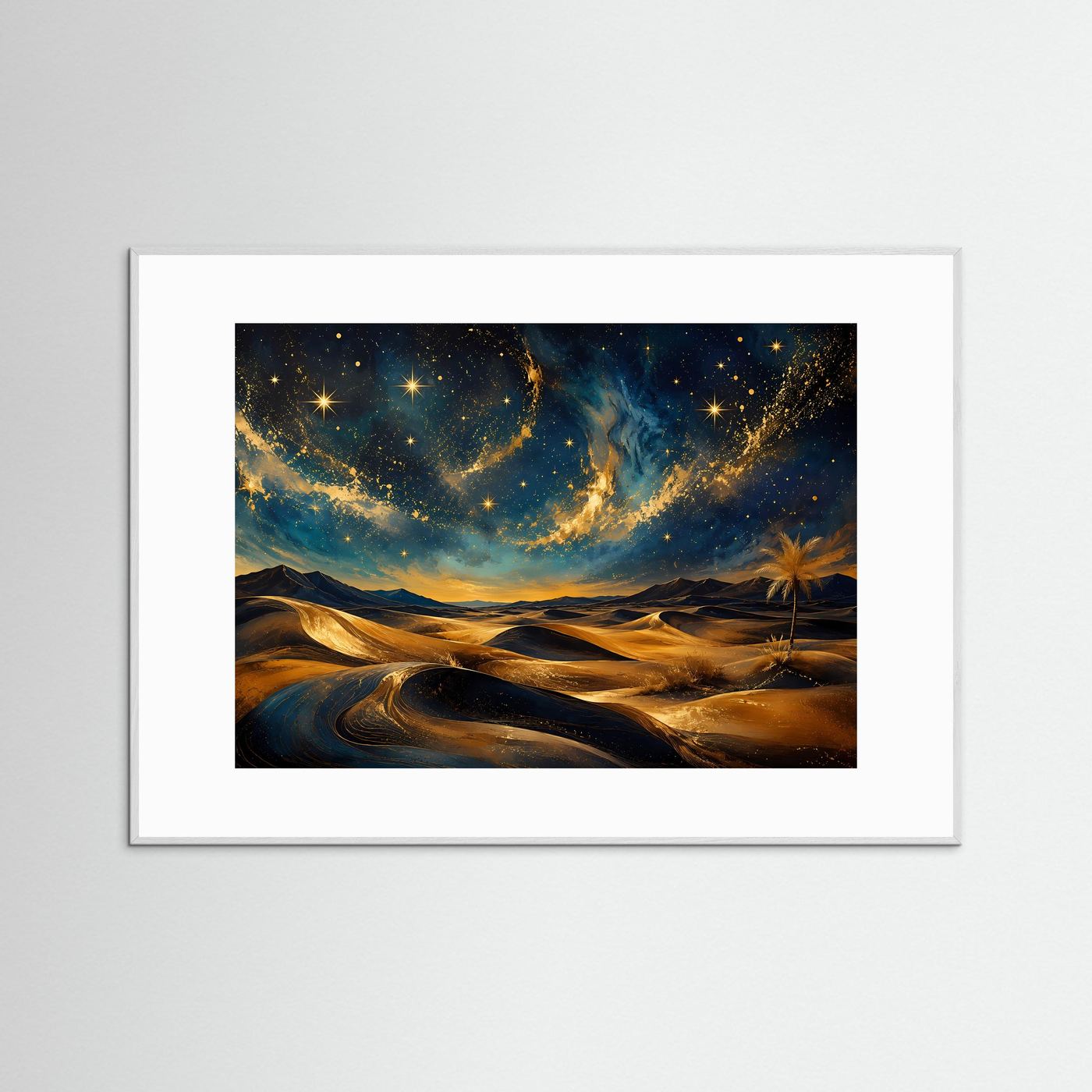 Sternenhimmel über der Wüste Poster Querformat | Abstrakte Nachtlandschaft in Blau & Gold | Modernes Panorama Wandbild