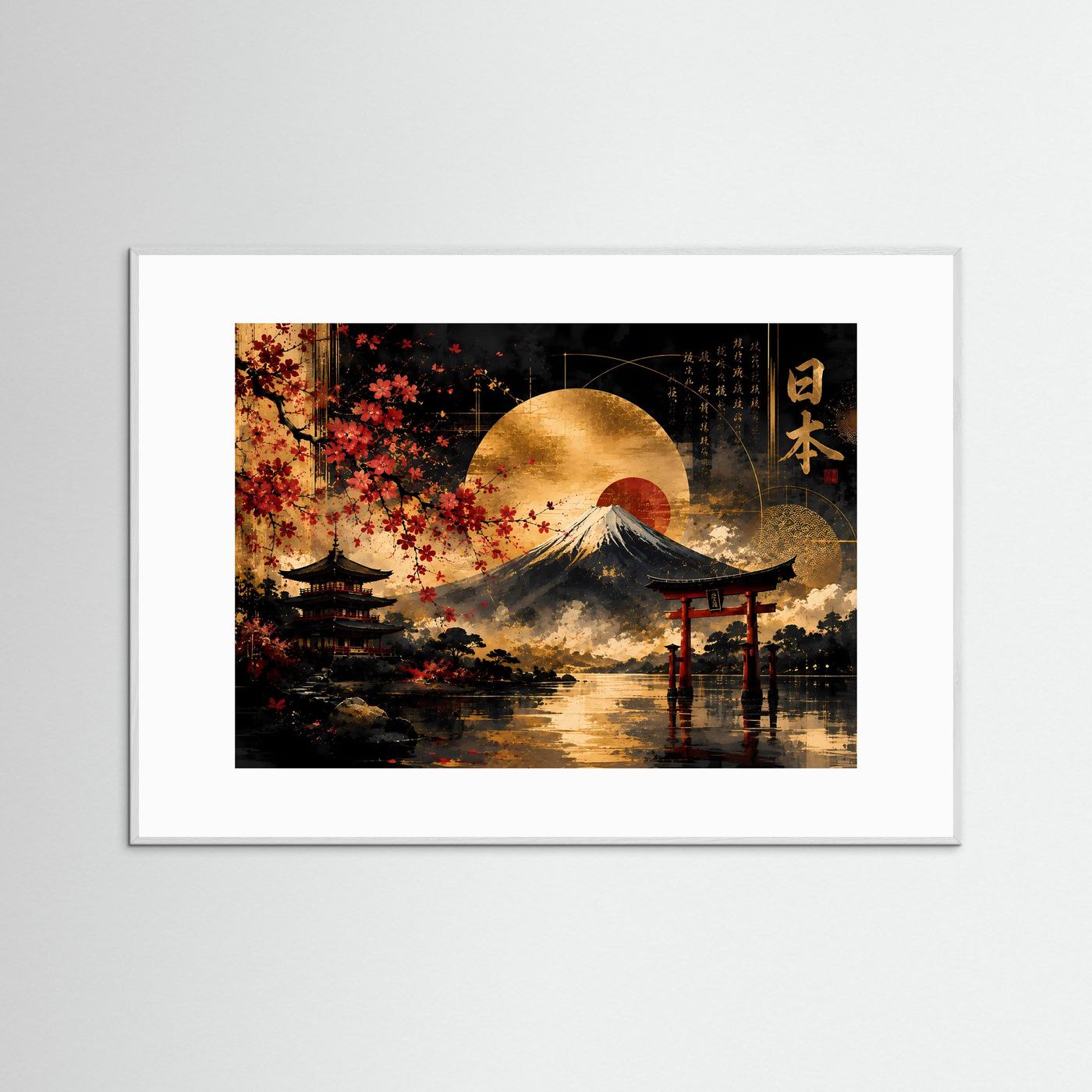 Japanische Landschaft mit Fuji, Kirschblüten und Torii | Goldene Sonne über Pagode und Wasser | Asiatische Wandkunst in Schwarz, Gold und Rot im Querformat