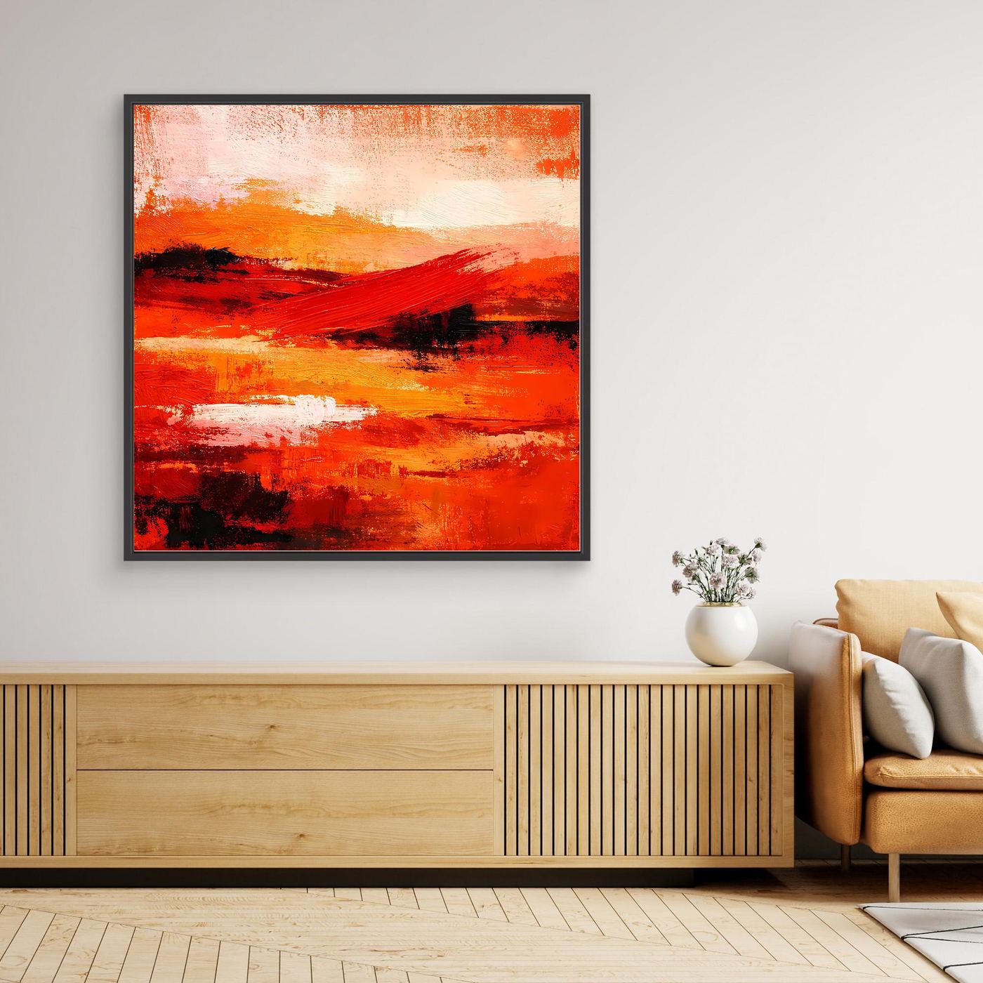 Abstraktes Leinwand-Wandbild im Hochformat, rot-orange Farbfelder, schwarzer Rahmen