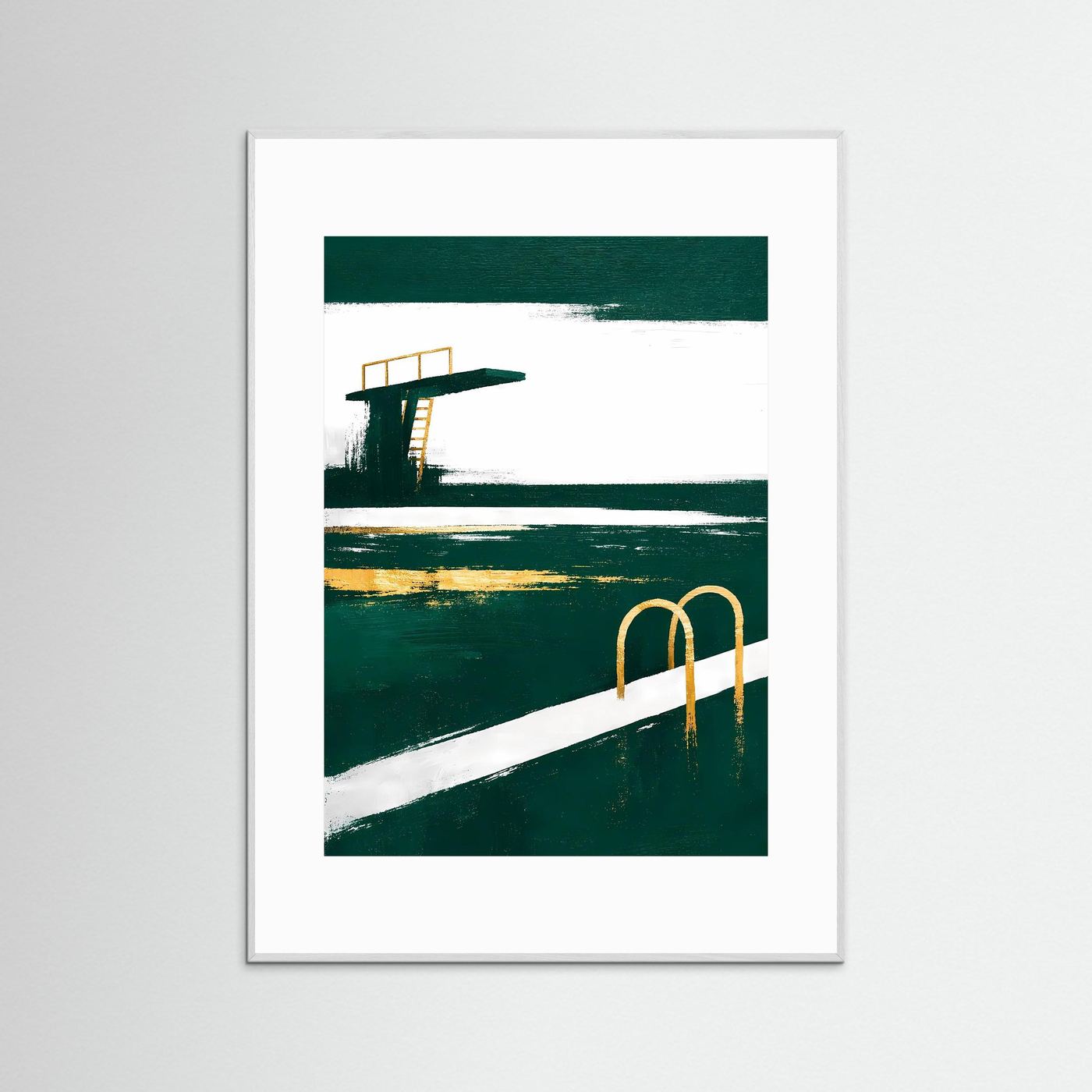 Gerahmtes Hochformat-Poster mit grünem Pool, weißer Fläche und goldener Badeleiter, weißer Rahmen