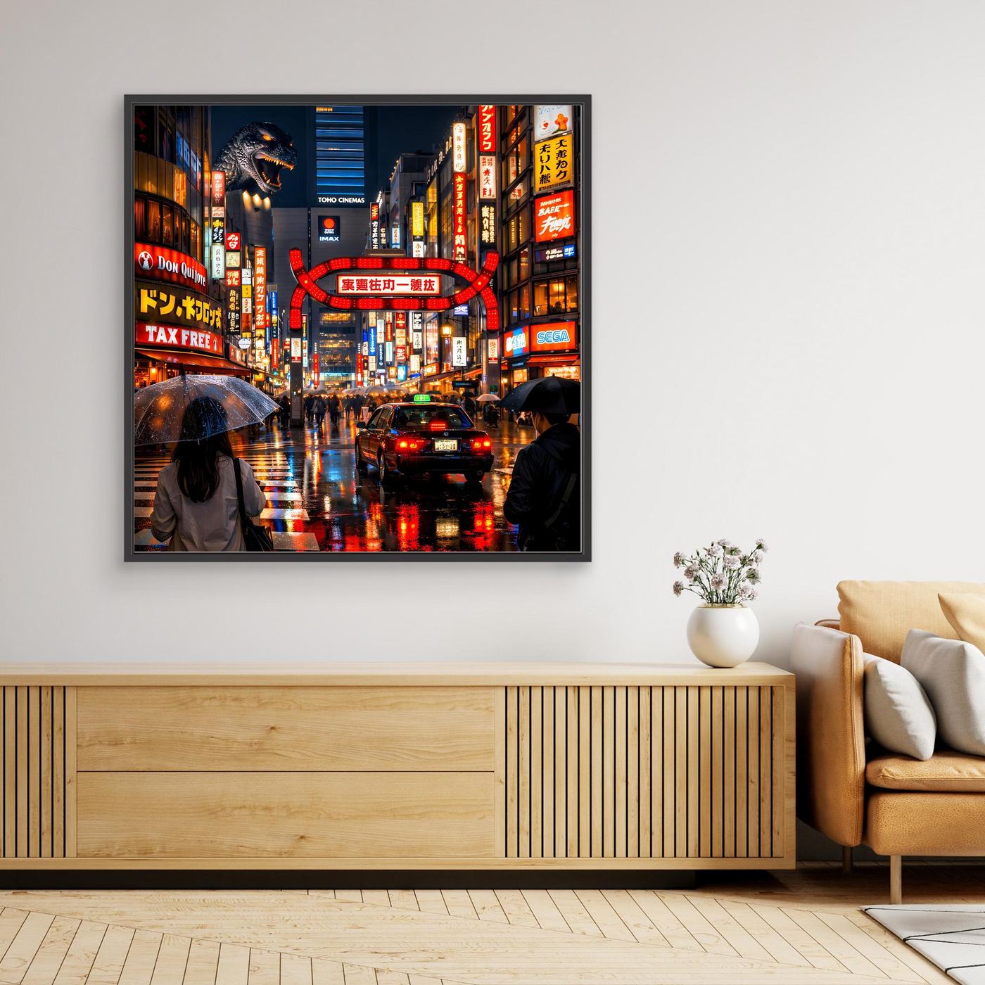 Leinwand Pulsierendes Tokio bei Nacht | Urbanes Kabukicho Kaiju Wandbild