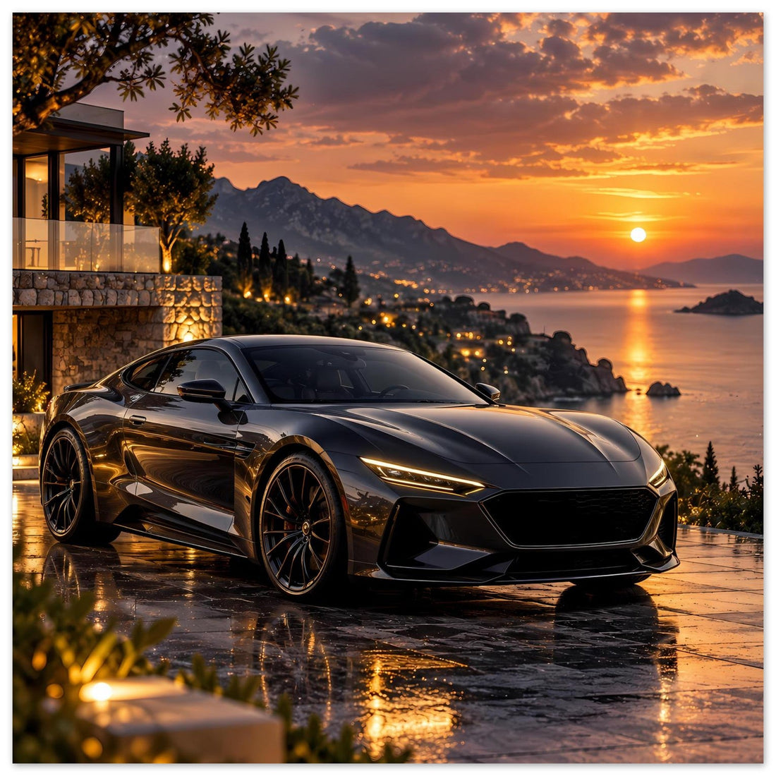 Schwarzer Sportwagen am Meer Poster