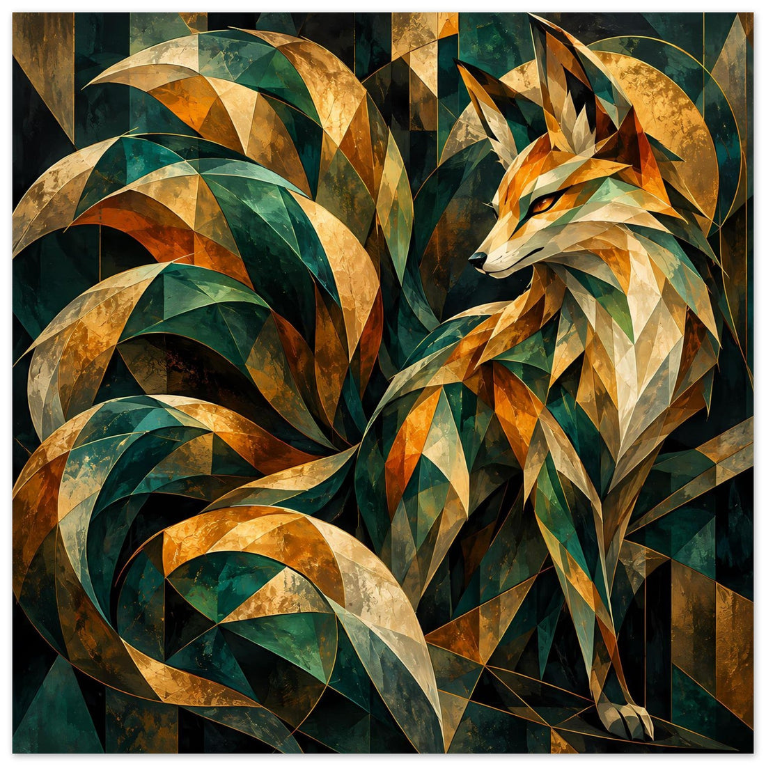 Kitsune-Fuchs in Smaragd und Gold: Geometrische japanische Tierkunst