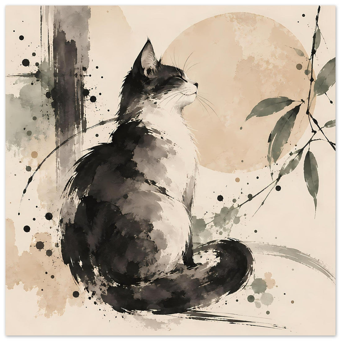 Sitzende Katze in Schwarz und Grau mit Blättern – Aquarellposter