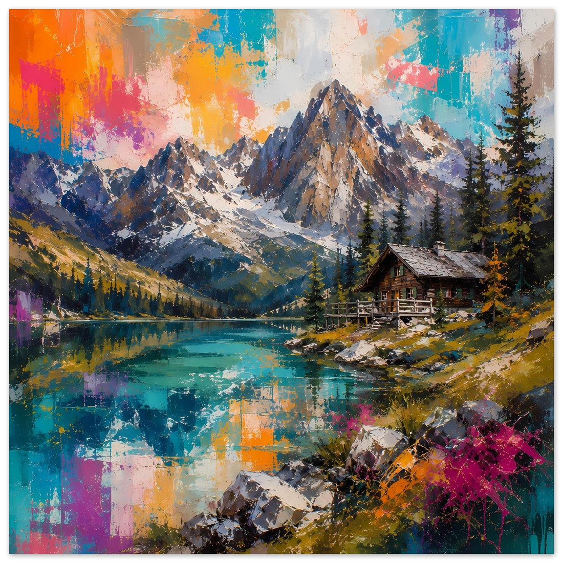 Bunte Alpenlandschaft mit türkisblauem Bergsee und Berghütte – Kunstposter
