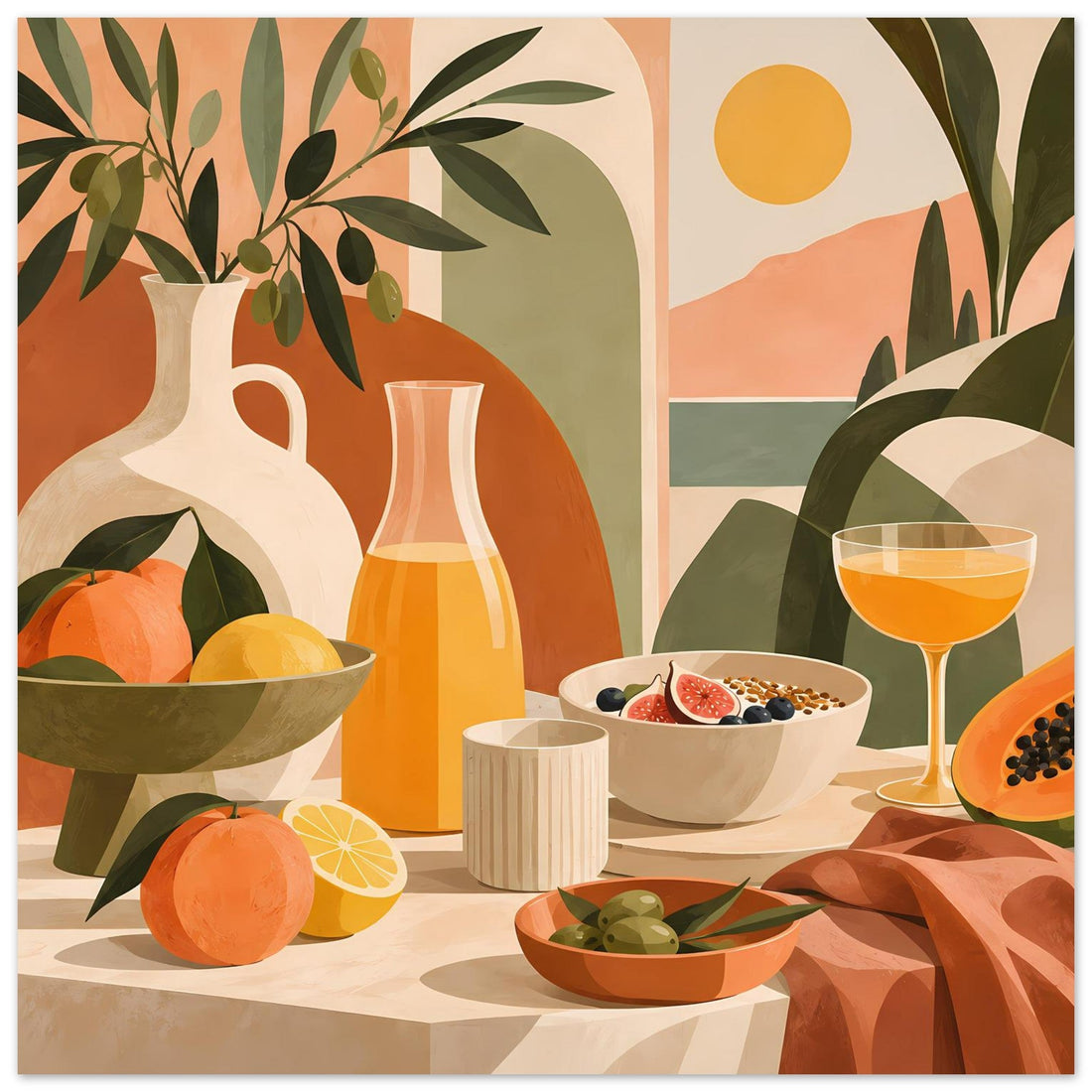 Mediterranes Stillleben: Obst, Oliven und Weinglas als Wandkunst