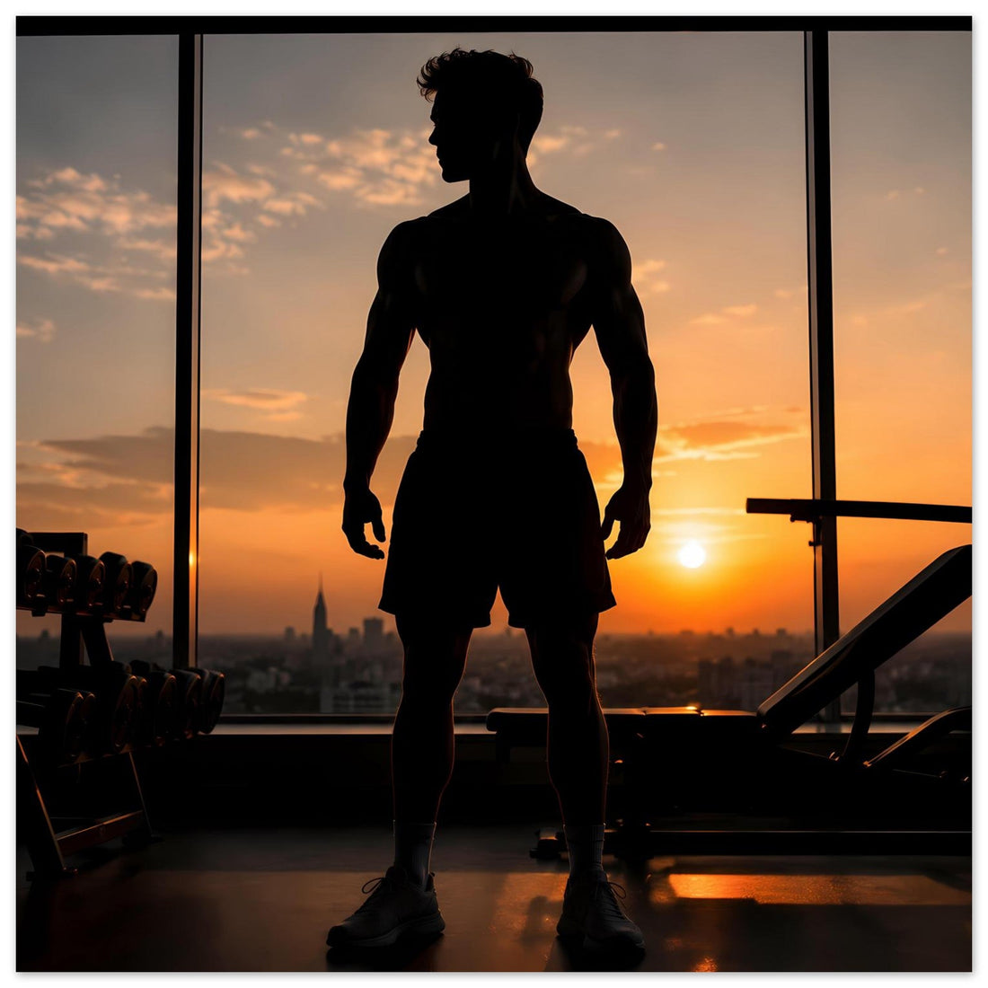 Sportler-Silhouette vor Skyline im Sonnenuntergang – Fitness-Poster