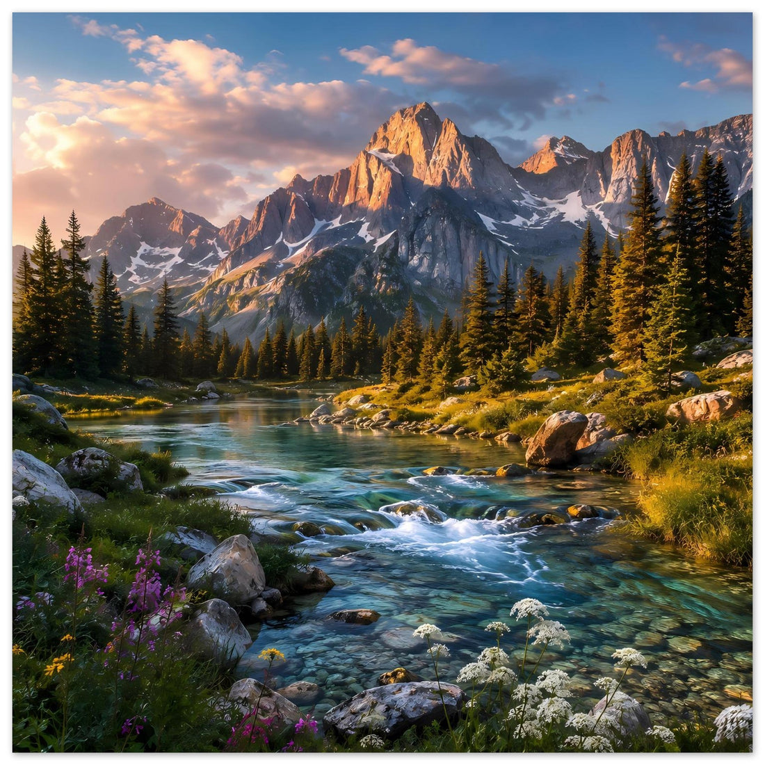 Türkisblauer Wildbach zwischen Tannen und Berggipfeln – Alpenposter