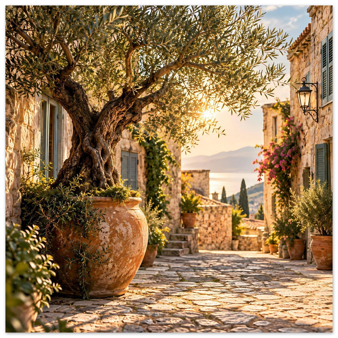 Mediterrane Gasse mit Olivenbaum als Poster