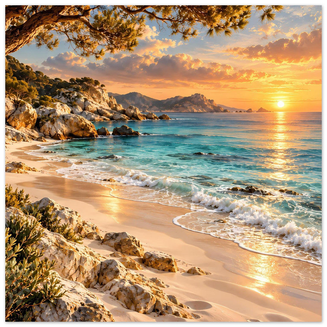 Goldener Sonnenuntergang am Felsenstrand – Meereslandschaft Poster