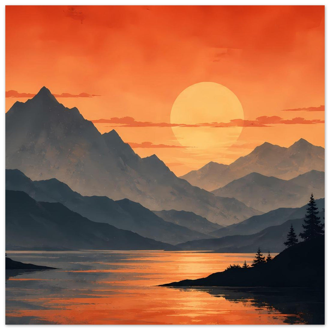 Orangefarbener Sonnenuntergang über Bergsee mit dunklen Bergsilhouetten Poster