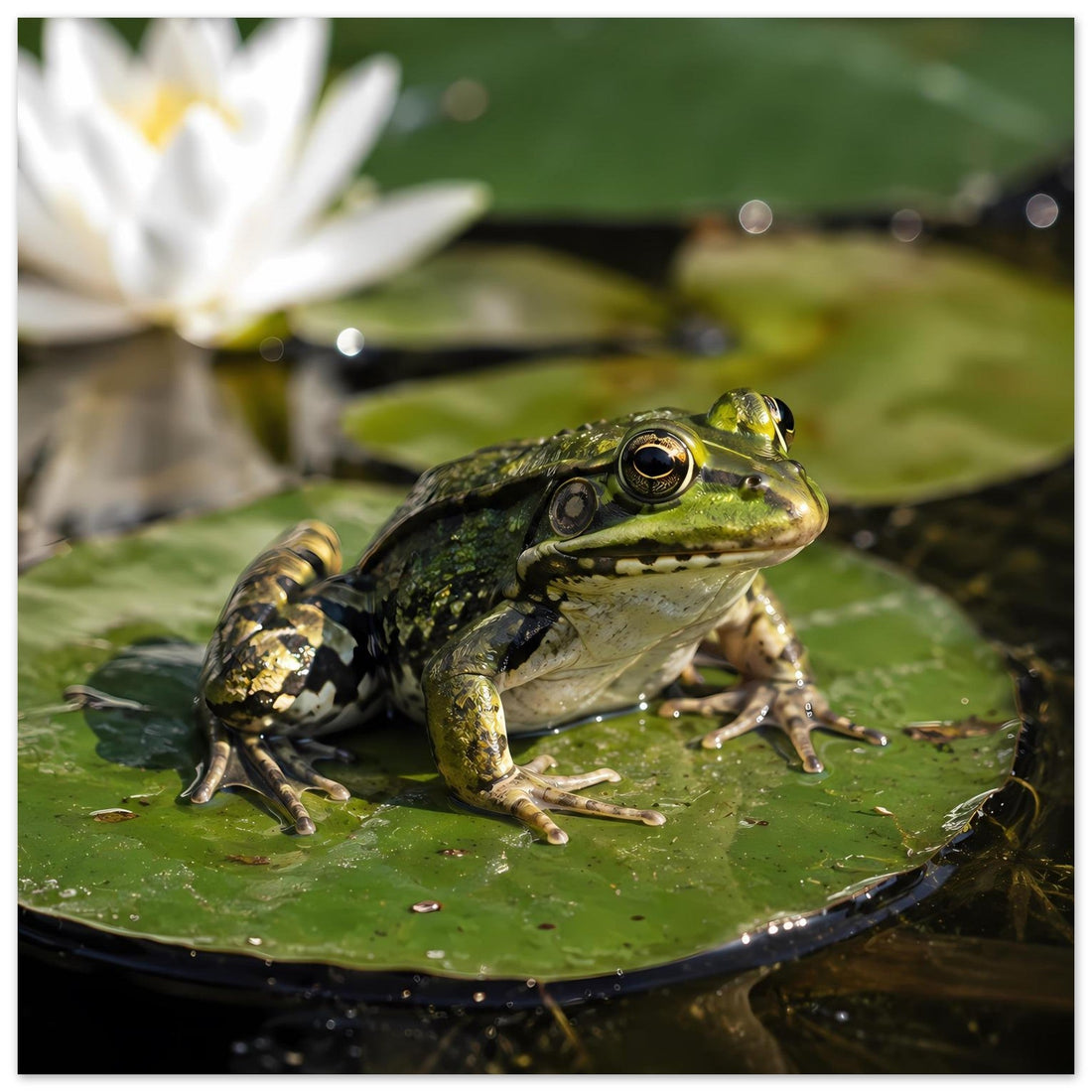 Grüner Frosch auf Seerosenblatt – Natur- und Tierposter