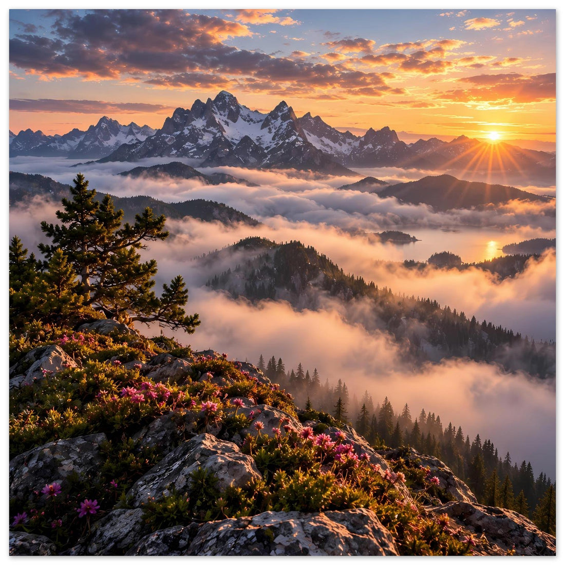 Bergpanorama mit Nebelmeer im goldenen Sonnenaufgang – Poster