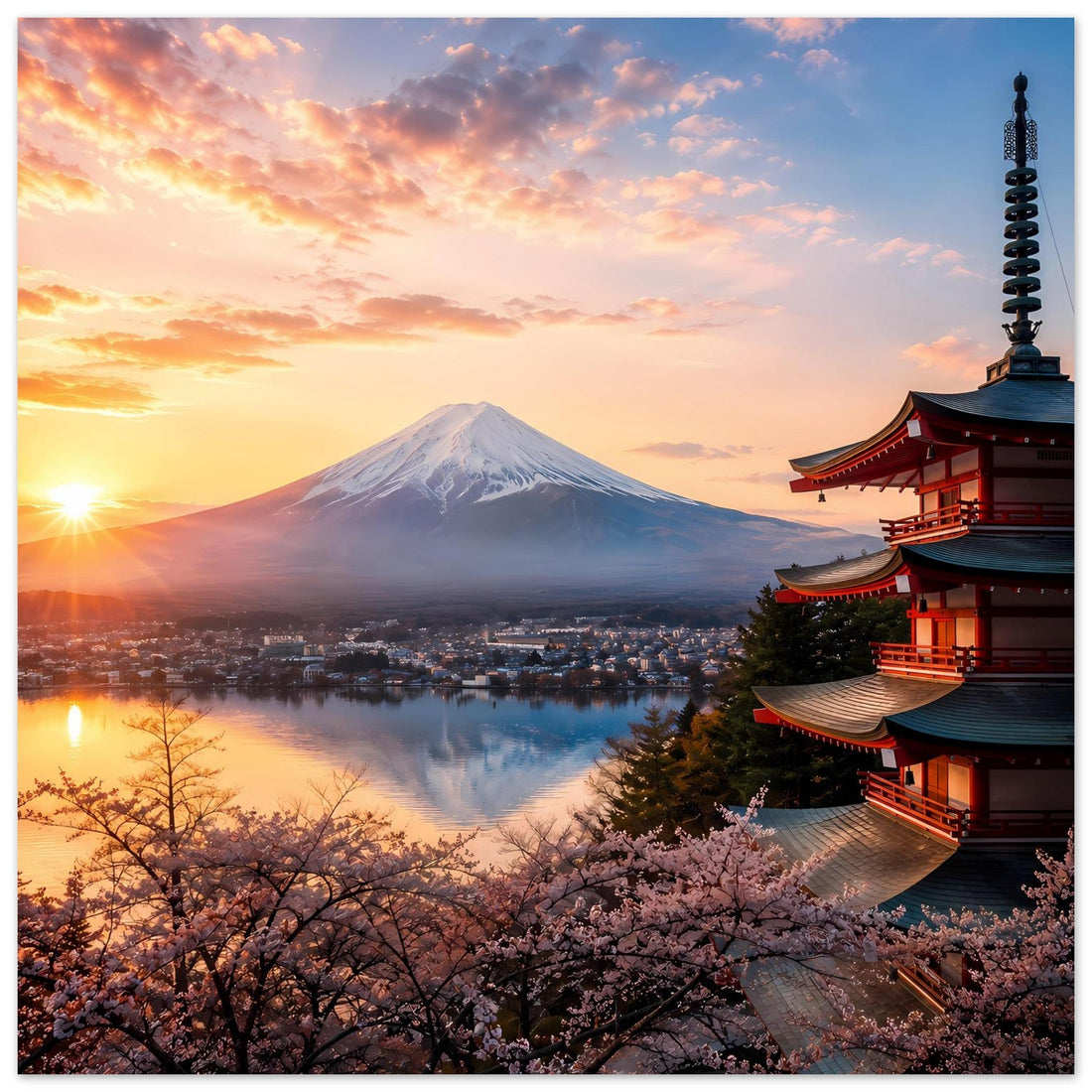Fuji, Tempel und Kirschblüten am See Poster