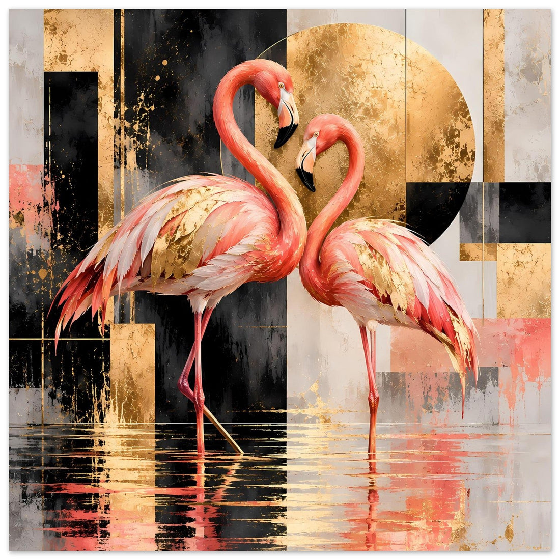 Flamingopaar vor goldener Sonne in abstrakter Malerei Poster