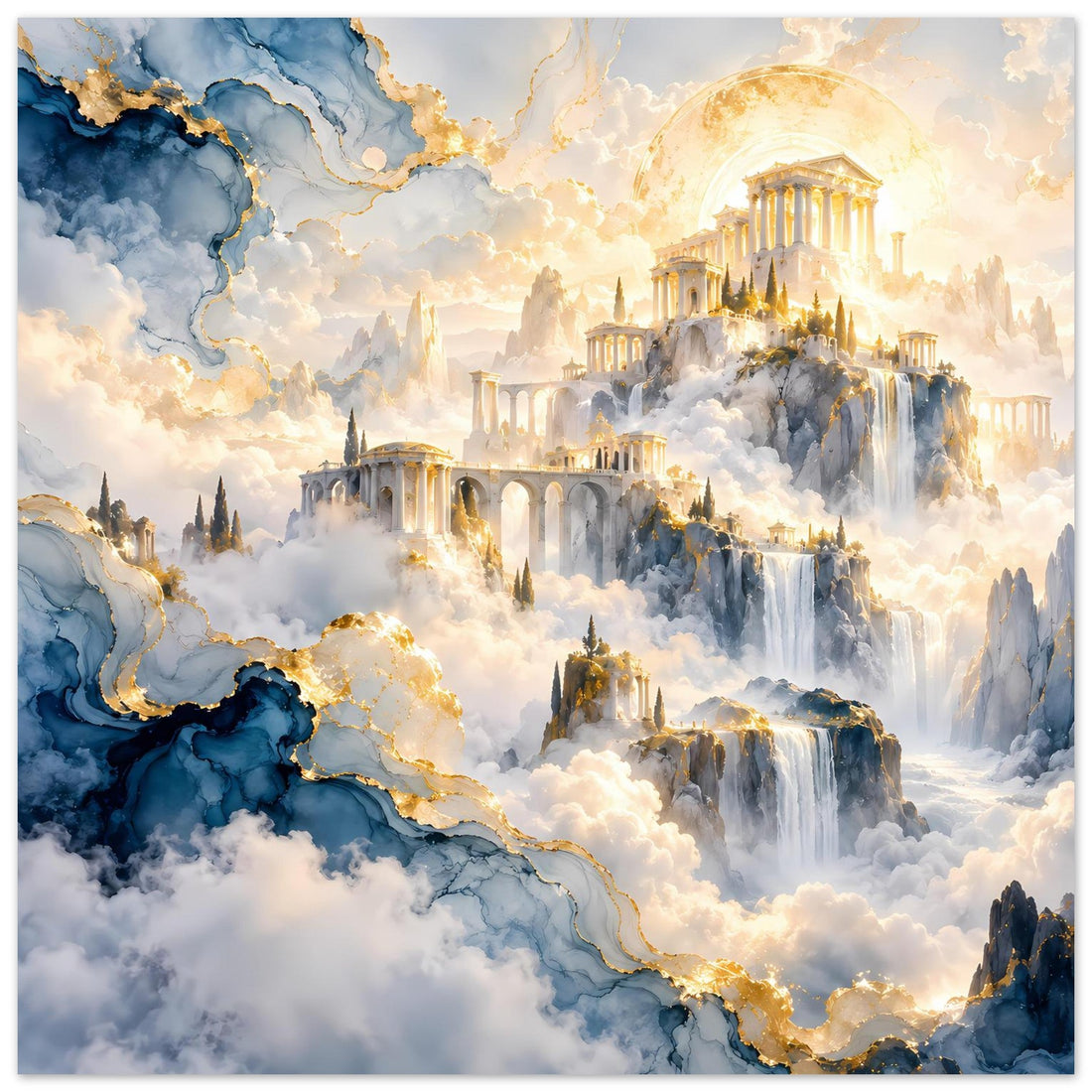 Goldener Olymp mit antiken Tempeln und Wasserfällen – Fantasy Poster
