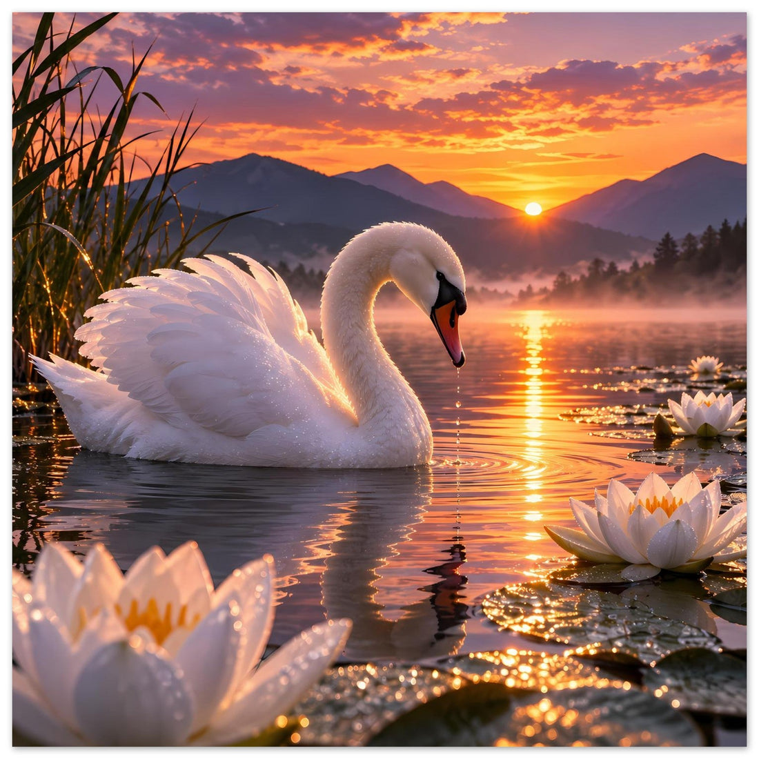 Weißer Schwan auf dem Seerosensee – Romantisches Poster im Sonnenuntergang