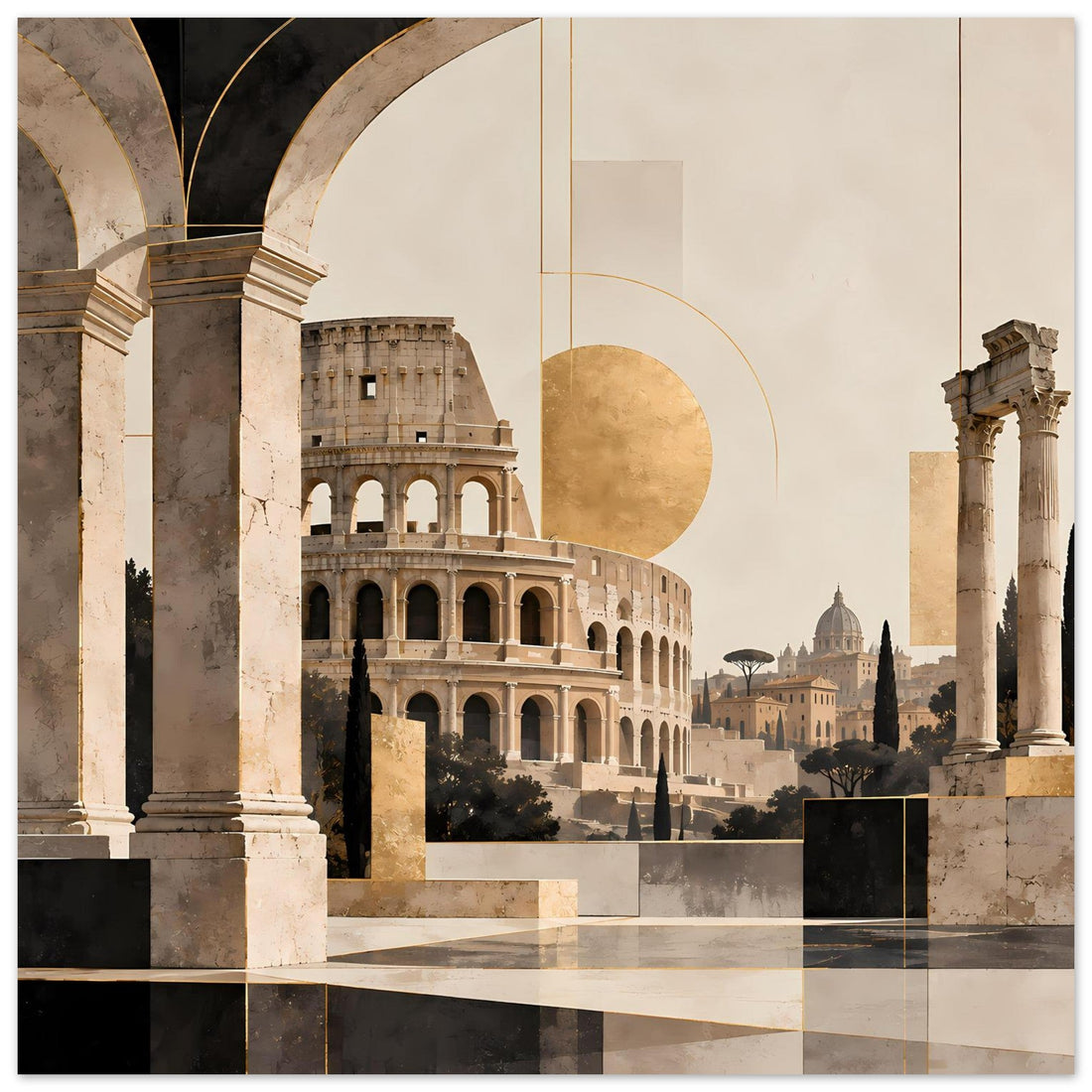 Historische Architektur Roms in Beige und Gold – Elegantes Italien-Poster