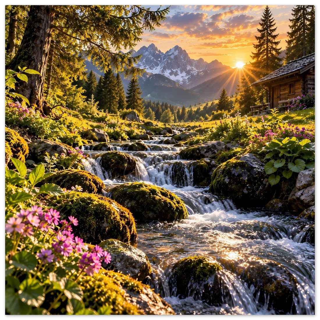 Bergbach mit Wasserfall und rosa Wildblumen – Postermotiv