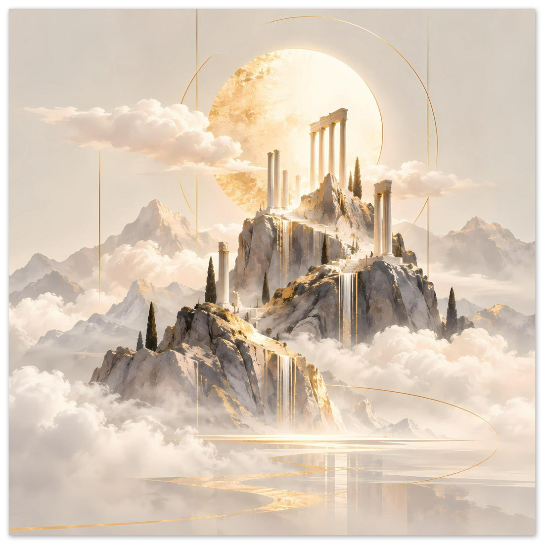 Goldener Tempel über Wolken mit Wasserfällen: Fantastische Himmelswelt