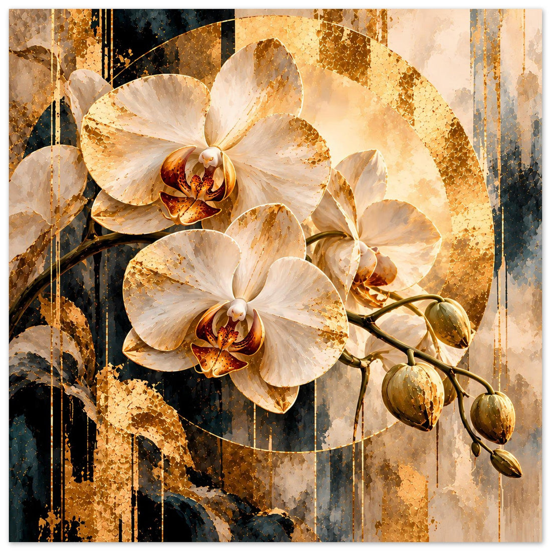 Weiße Orchideen am Zweig mit goldenen Sprenkeln – Blumenposter