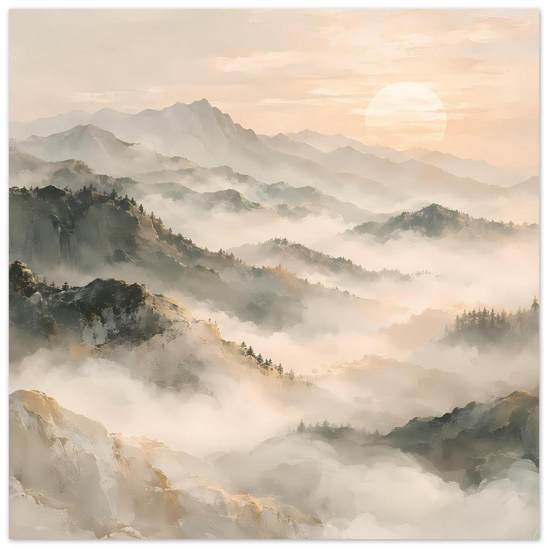 Berge im Morgennebel und goldene Sonne als Poster