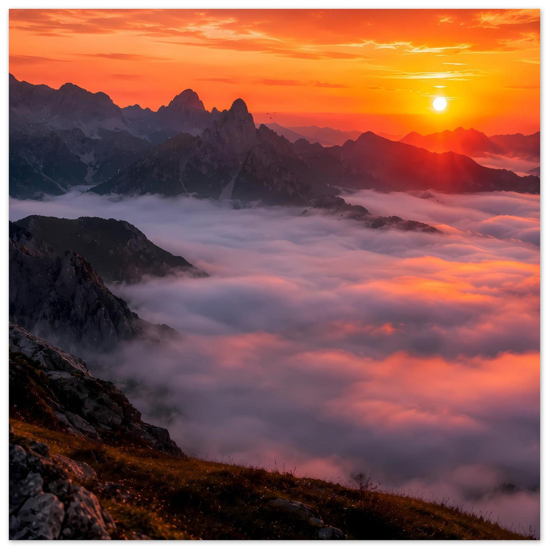 Goldener Sonnenuntergang über Berggipfeln und Wolkenmeer – Landschaftsposter