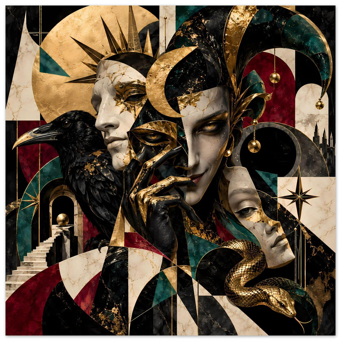 Mystische Masken mit schwarzer Krähe und Schlange – Gold-Schwarz Poster