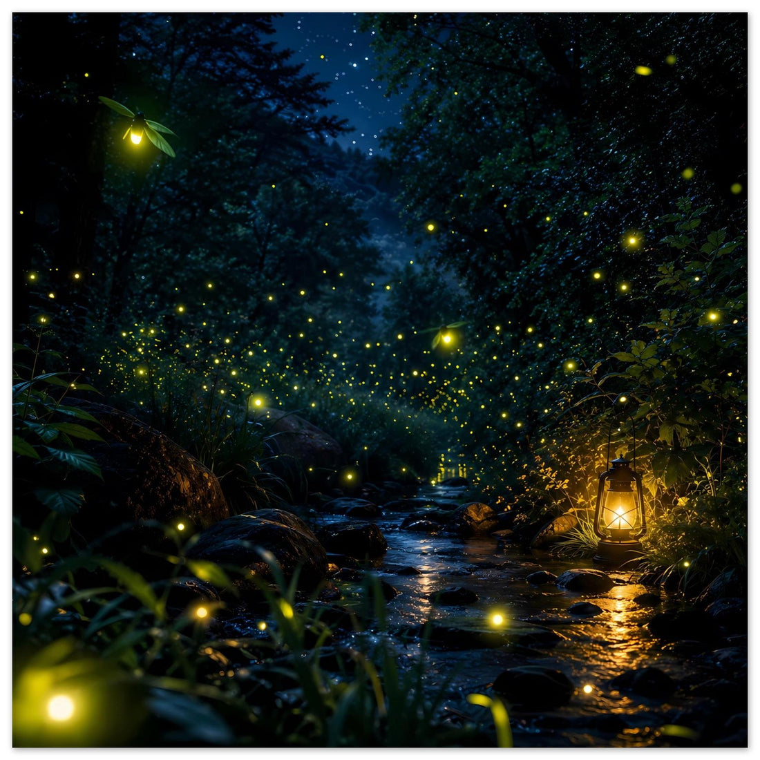 Glühwürmchen im nächtlichen Wald – Wandposter