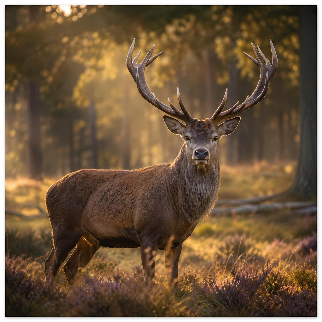 Majestätischer Hirsch mit Geweih im goldenen Waldlicht – Poster