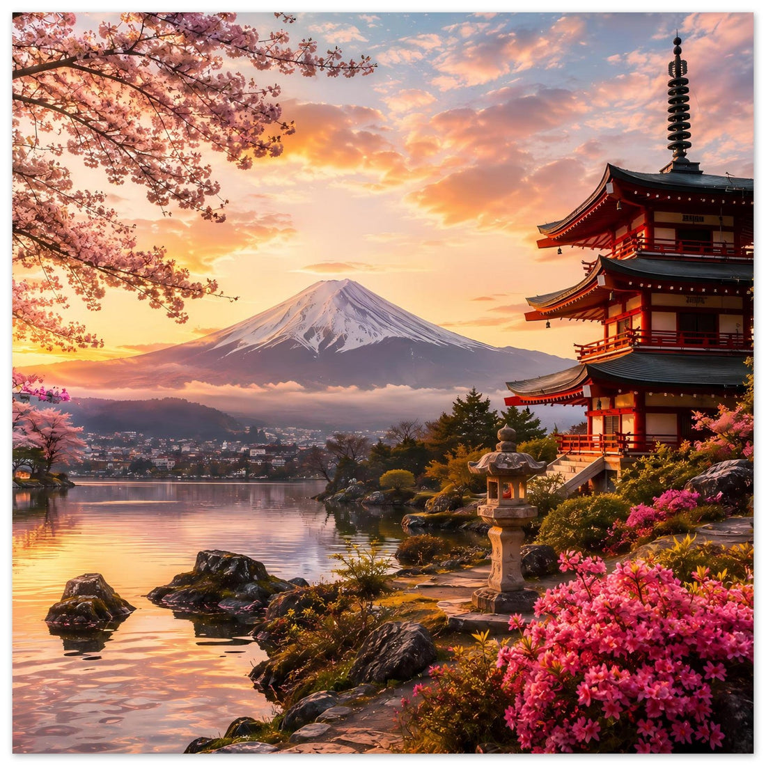 Berg Fuji mit Kirschblüten und Tempel – Poster