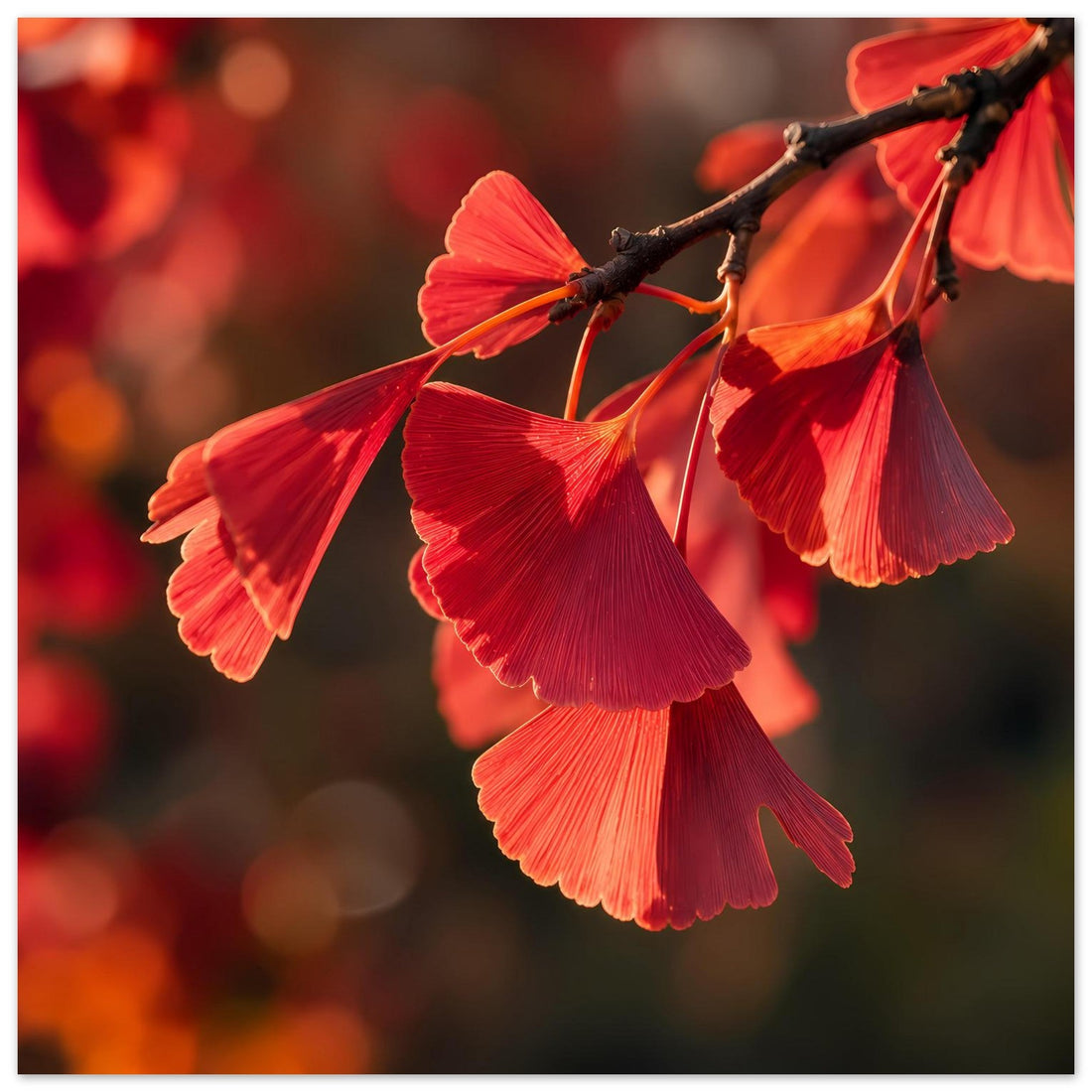 Leuchtend rote Ginkgoblätter am Zweig – Botanisches Poster