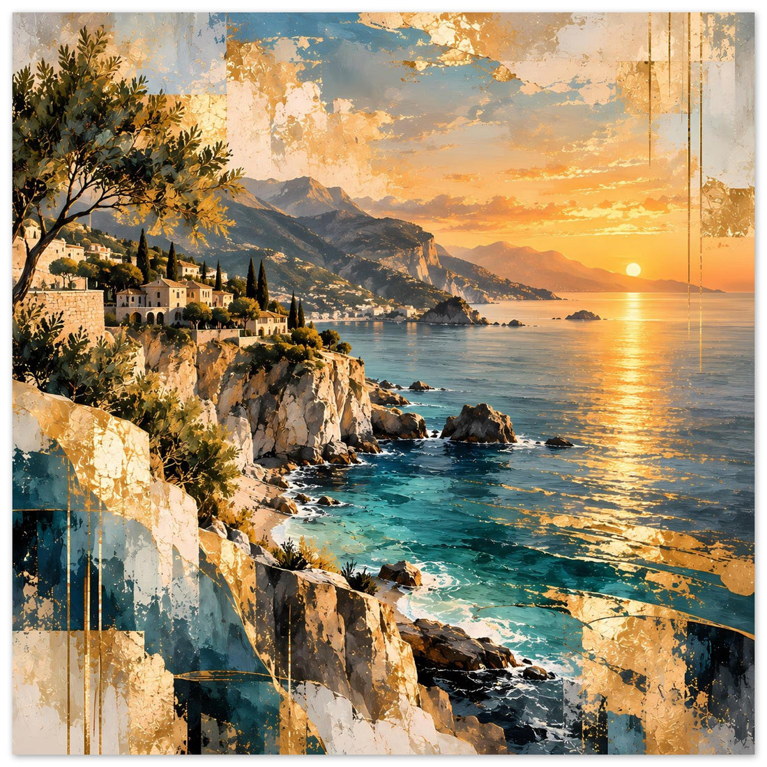 Mediterrane Felsküste im Abendgold als Poster