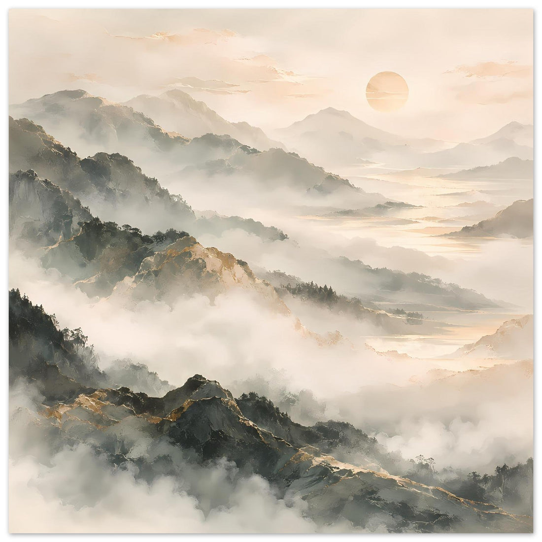 Nebelverhangene Gipfel mit goldener Sonne – Poster