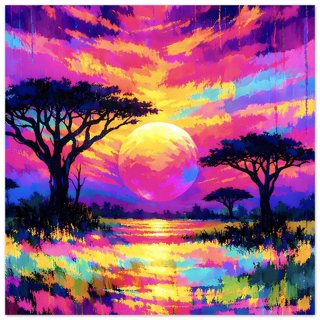 Neon-Sonnenuntergang am See – Farbenfrohes Landschaftsposter